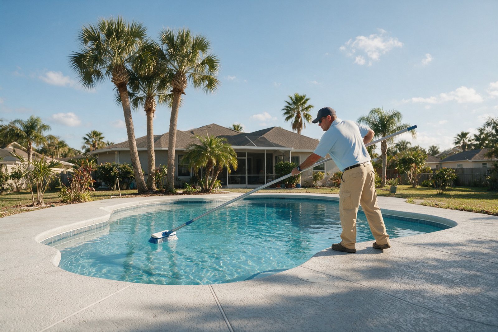 Blue Life technician brushing a residential pool in Tampa Bay