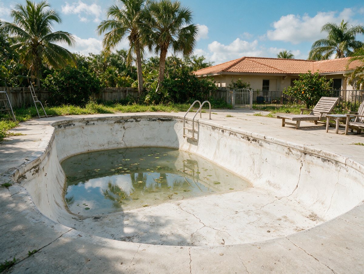 Pool with rough, stained and chipping plaster before resurfacing