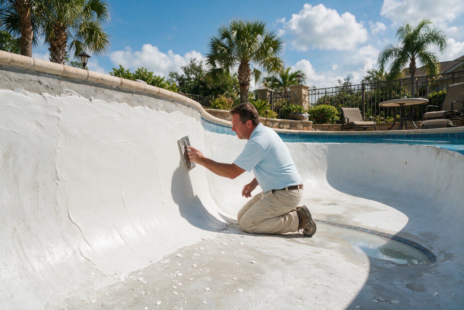 Blue Life contractor hand-troweling a new plaster finish in a residential pool